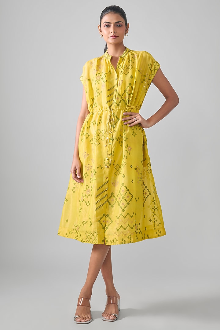 Mustard Mal Tissue Embroidered Midi Vacation Dress by SHRADDHA RAMBHIA at Pernia's Pop Up Shop
