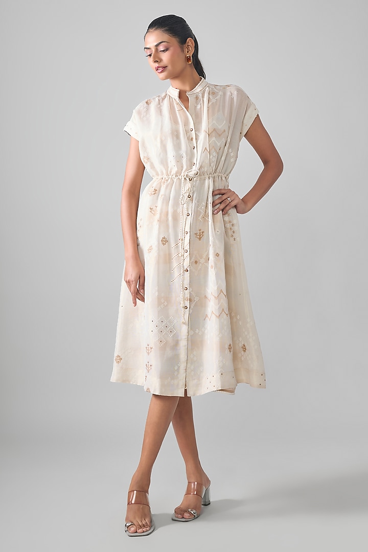 Ivory Mal Tissue Embroidered Midi Vacation Dress by SHRADDHA RAMBHIA at Pernia's Pop Up Shop
