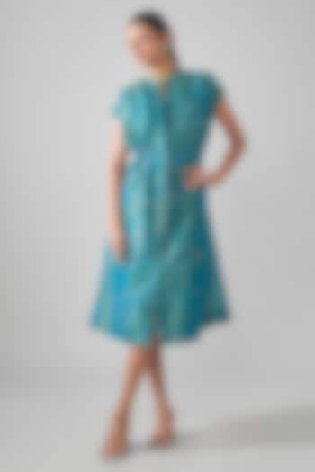 Teal Mal Tissue Embroidered Midi Vacation Shirt Dress by SHRADDHA RAMBHIA at Pernia's Pop Up Shop