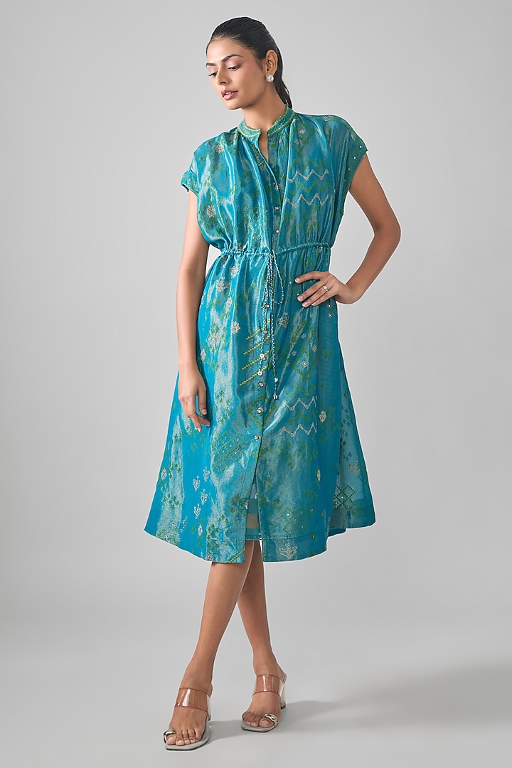 Teal Mal Tissue Embroidered Midi Vacation Shirt Dress by SHRADDHA RAMBHIA at Pernia's Pop Up Shop