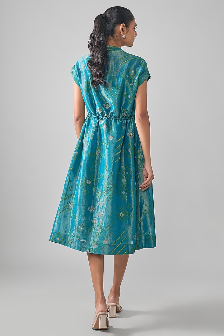 Teal Mal Tissue Embroidered Midi Vacation Shirt Dress by SHRADDHA RAMBHIA at Pernia's Pop Up Shop