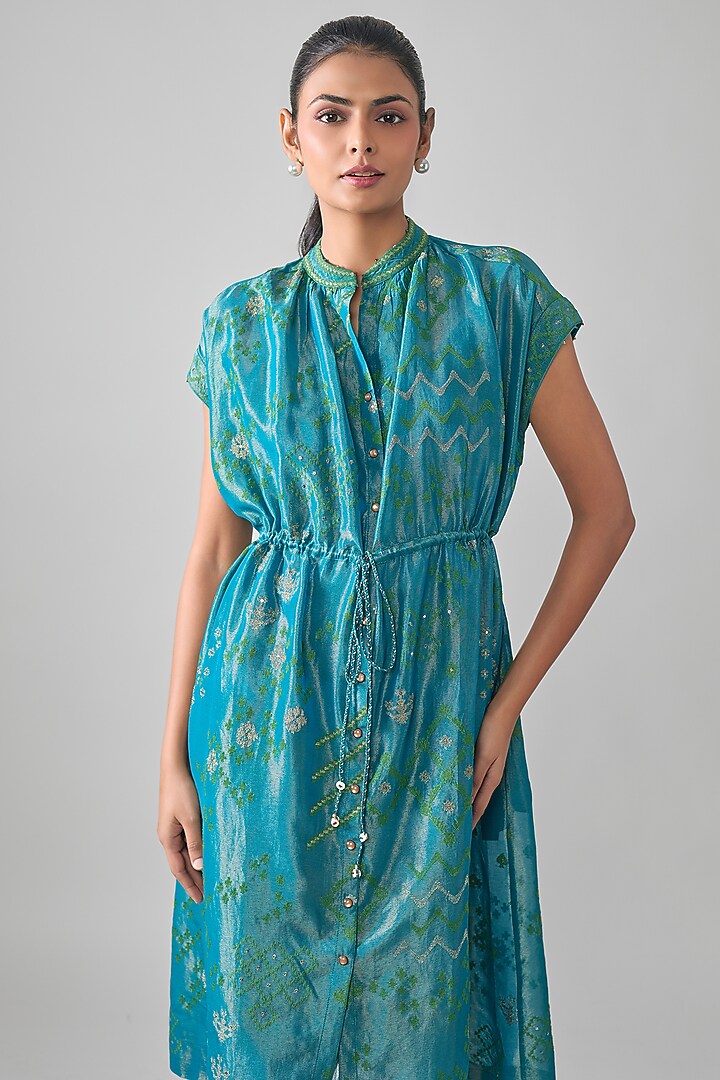 Teal Mal Tissue Embroidered Midi Vacation Shirt Dress by SHRADDHA RAMBHIA at Pernia's Pop Up Shop