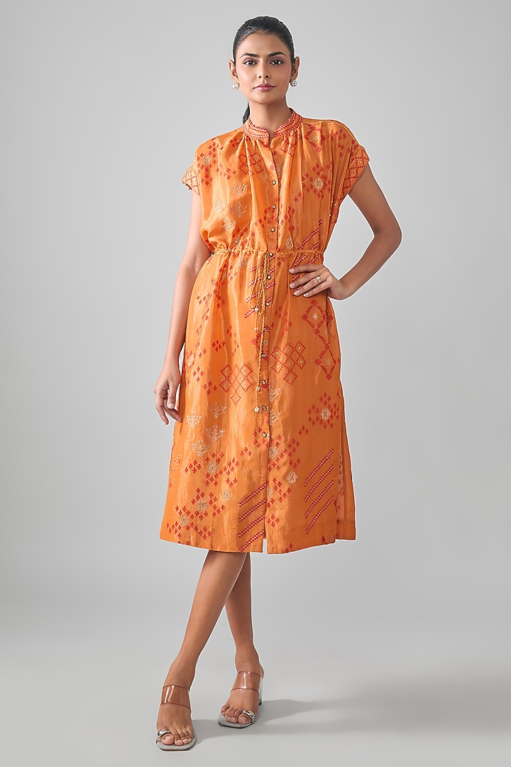 Orange Mal Tissue Embroidered Midi Vacation Shirt Dress by SHRADDHA RAMBHIA at Pernia's Pop Up Shop