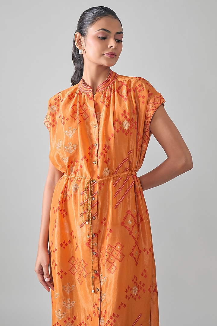 Orange Mal Tissue Embroidered Midi Vacation Shirt Dress by SHRADDHA RAMBHIA at Pernia's Pop Up Shop