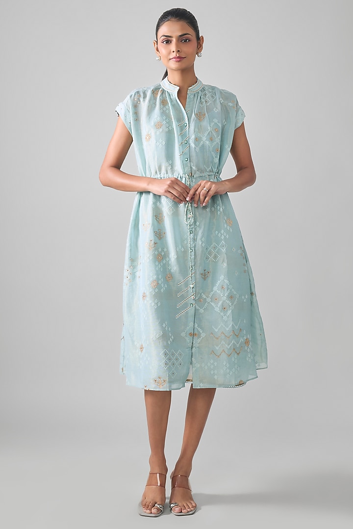 Powder Blue Mal Tissue Embroidered Midi Vacation Shirt Dress by SHRADDHA RAMBHIA at Pernia's Pop Up Shop