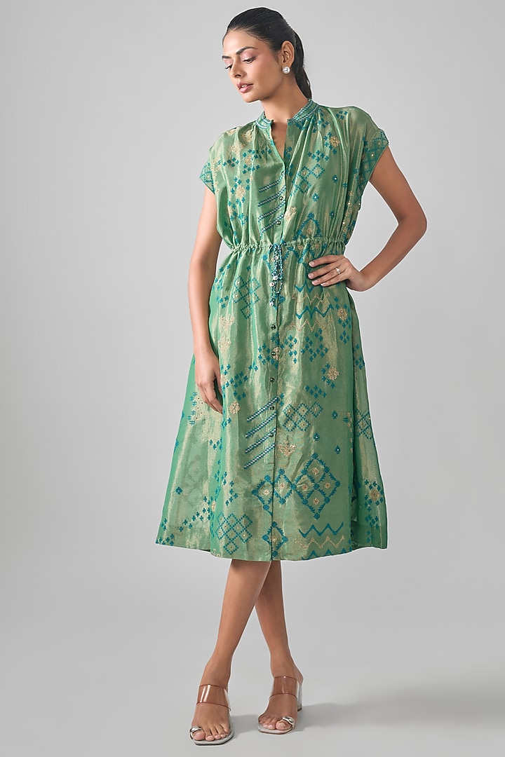 Green Mal Tissue Embroidered Midi Vacation Shirt Dress by SHRADDHA RAMBHIA at Pernia's Pop Up Shop