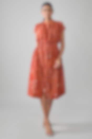 Red Mal Tissue Embroidered Midi Vacation Shirt Dress by SHRADDHA RAMBHIA at Pernia's Pop Up Shop