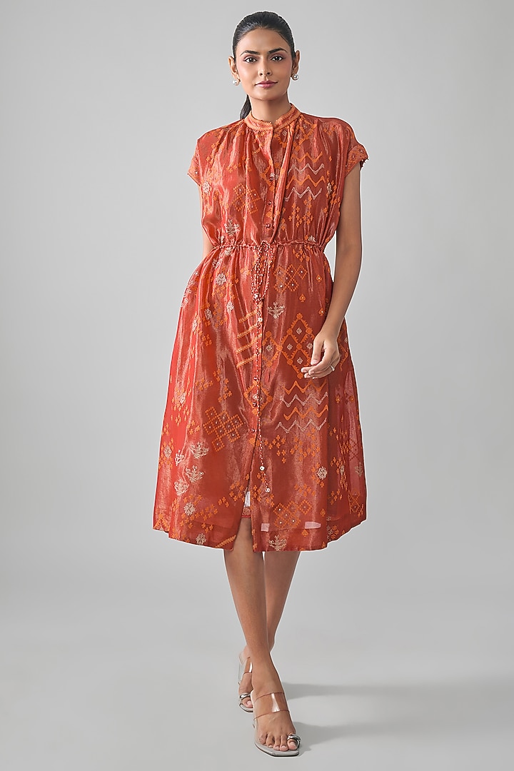 Red Mal Tissue Embroidered Midi Vacation Shirt Dress by SHRADDHA RAMBHIA at Pernia's Pop Up Shop