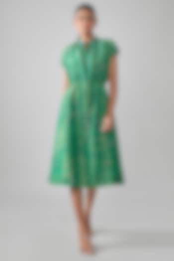 Bottle Green Mal Tissue Embroidered Midi Vacation Shirt Dress by SHRADDHA RAMBHIA at Pernia's Pop Up Shop