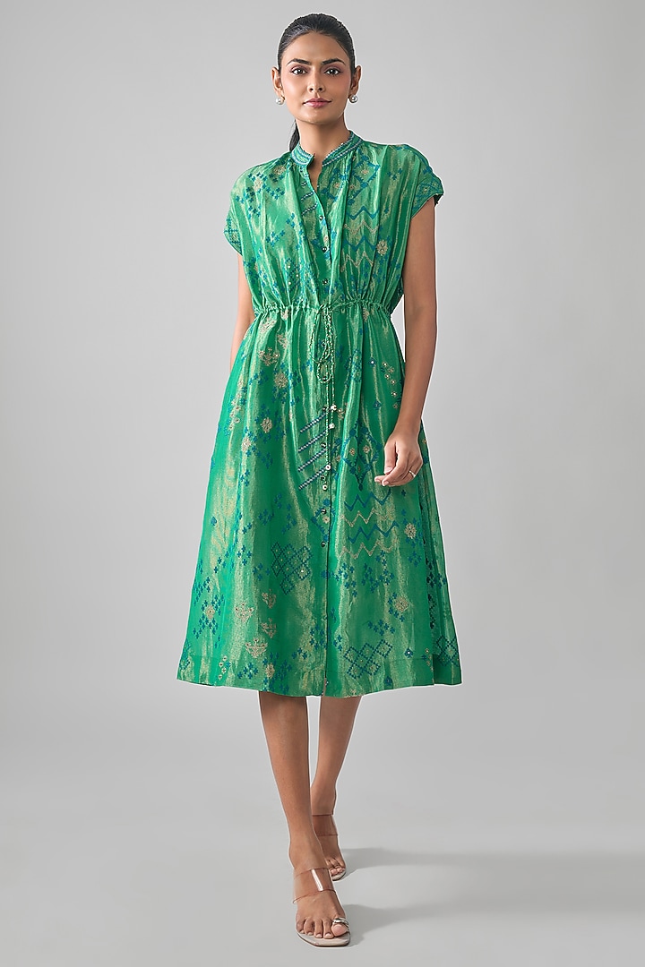 Bottle Green Mal Tissue Embroidered Midi Vacation Shirt Dress by SHRADDHA RAMBHIA at Pernia's Pop Up Shop