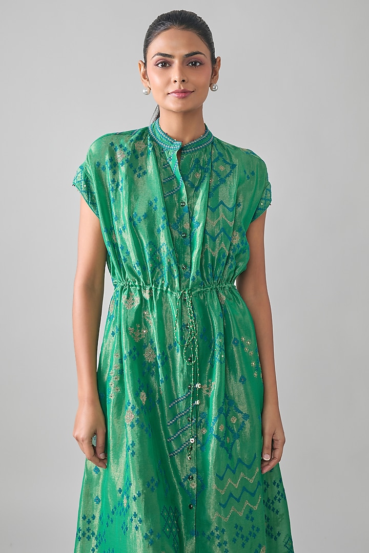 Bottle Green Mal Tissue Embroidered Midi Vacation Shirt Dress by SHRADDHA RAMBHIA at Pernia's Pop Up Shop