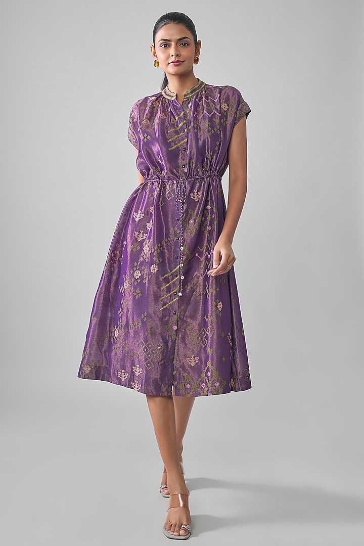 Purple Mal Tissue Embroidered Midi Vacation Shirt Dress by SHRADDHA RAMBHIA at Pernia's Pop Up Shop