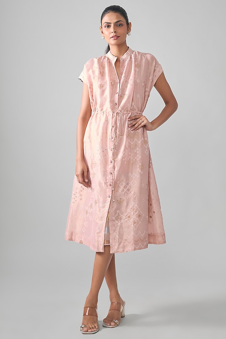 Blush Pink Mal Tissue Embroidered Midi Vacation Shirt Dress by SHRADDHA RAMBHIA at Pernia's Pop Up Shop