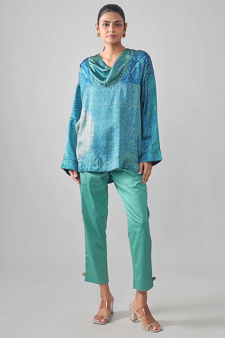Blue Satin Raw Silk Shibori Printed Straight Short Kurta by SHRADDHA RAMBHIA at Pernia's Pop Up Shop
