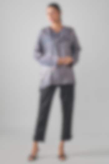 Grey Satin Raw Silk Shibori Printed Straight Short Kurta by SHRADDHA RAMBHIA at Pernia's Pop Up Shop