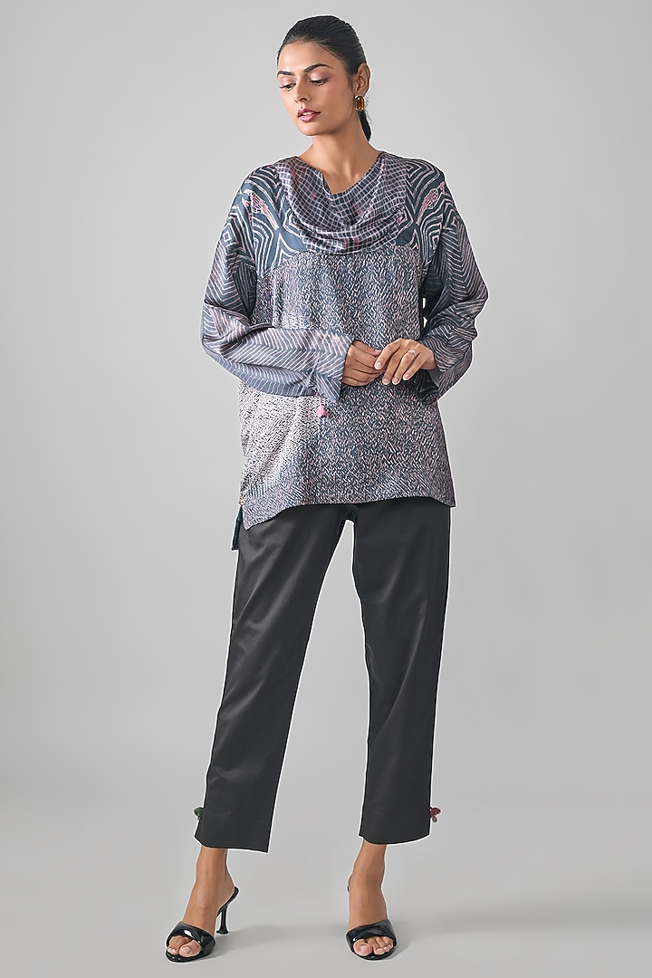 Grey Satin Raw Silk Shibori Printed Straight Short Kurta by SHRADDHA RAMBHIA at Pernia's Pop Up Shop