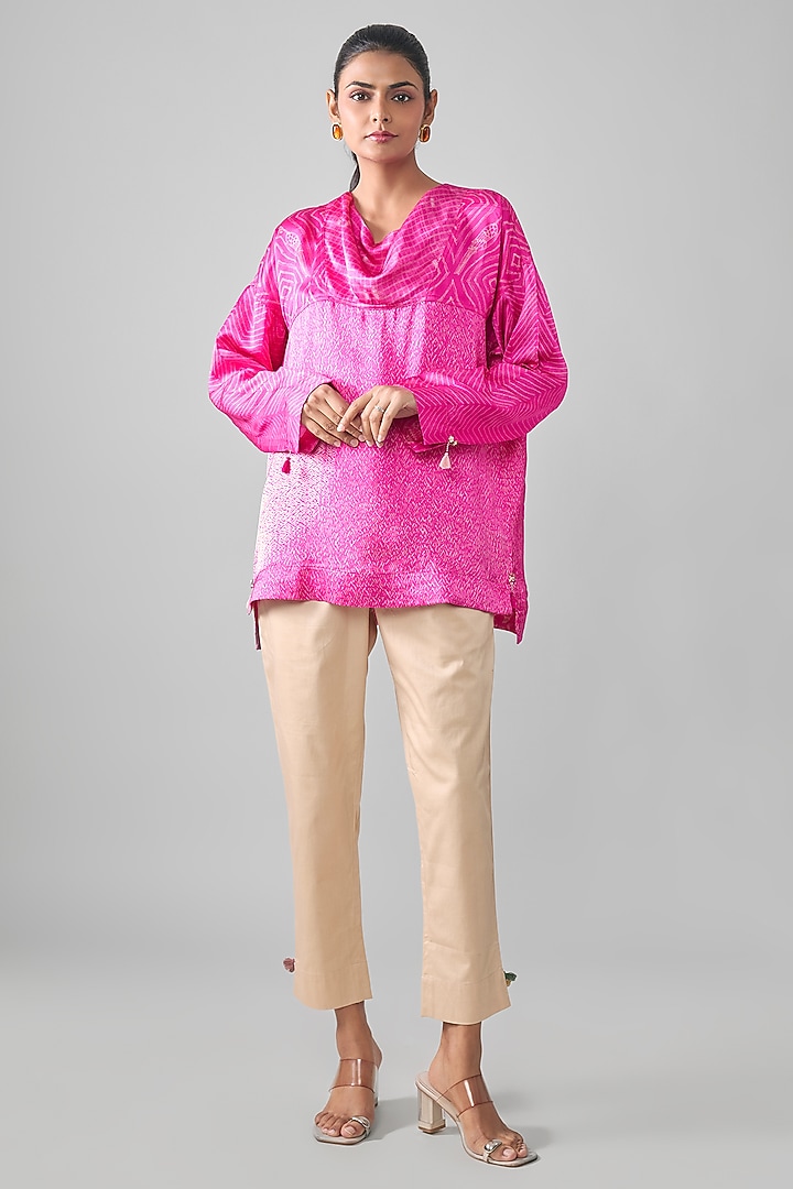 Rani Pink Gajji Shibori Printed Straight Short Kurta by SHRADDHA RAMBHIA at Pernia's Pop Up Shop