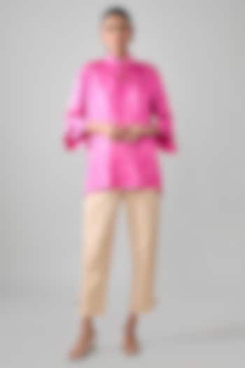 Rani Pink Satin Raw Silk Geometric Printed Short Kurta by SHRADDHA RAMBHIA at Pernia's Pop Up Shop