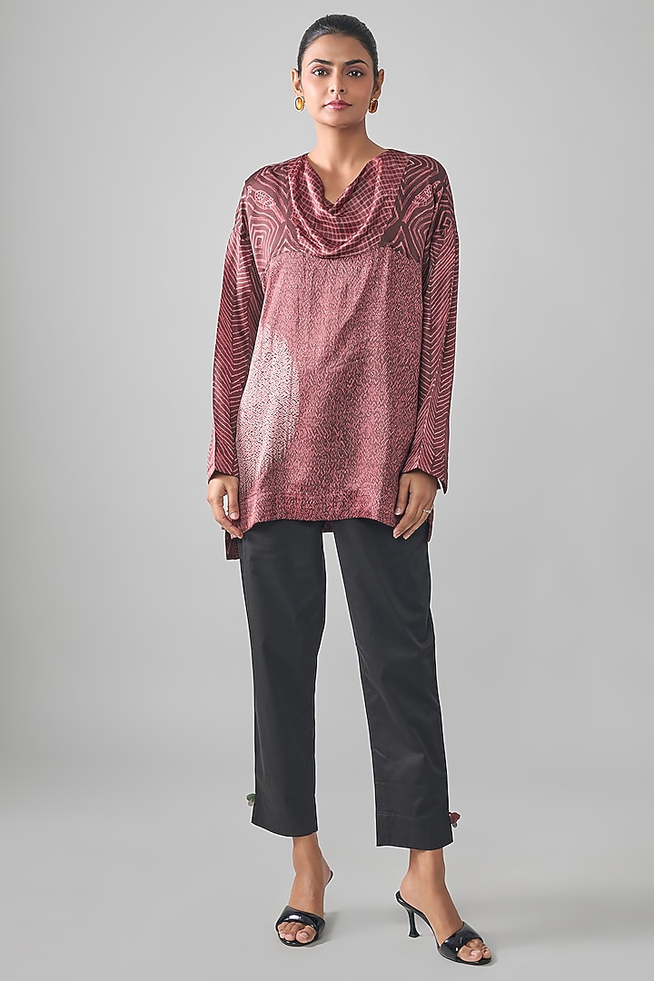 Wine Satin Raw Silk Shibori Printed Straight Short Kurta by SHRADDHA RAMBHIA at Pernia's Pop Up Shop