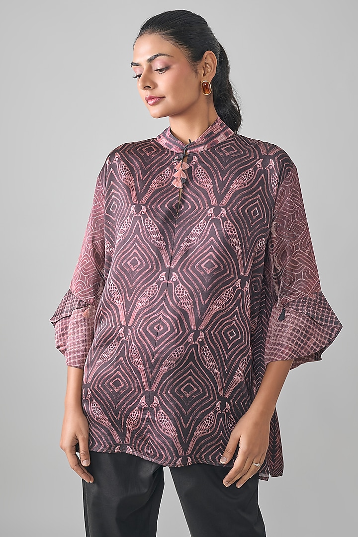 Brown Satin Raw Silk Geometric Printed Top by SHRADDHA RAMBHIA at Pernia's Pop Up Shop