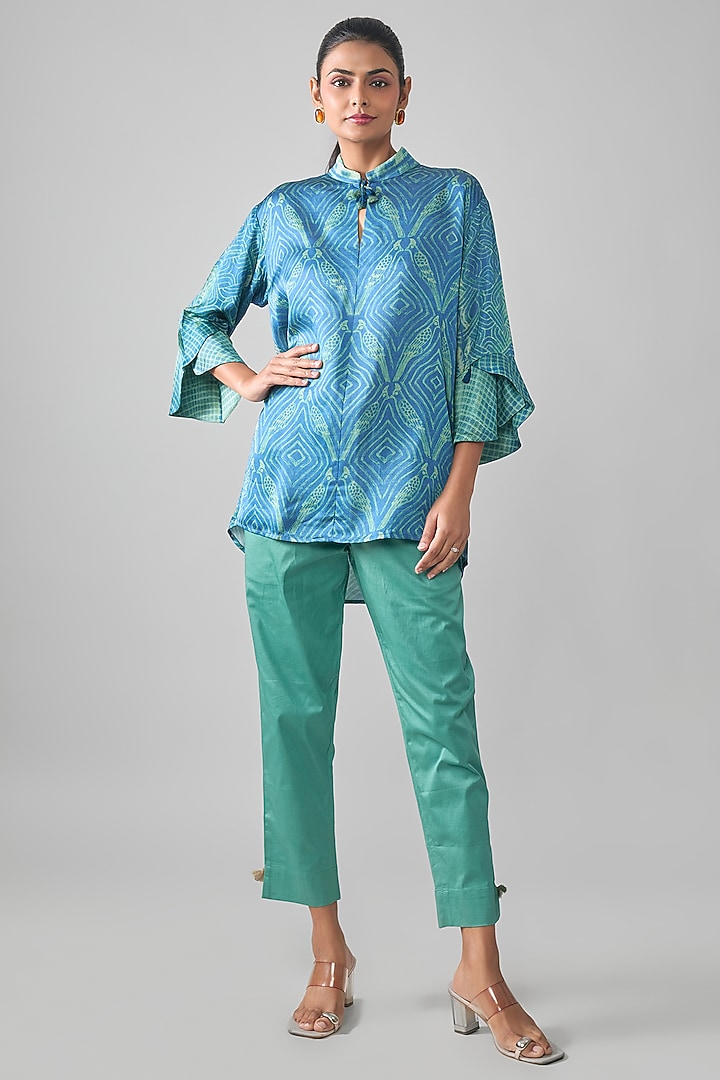 Blue Satin Raw Silk Geometric Printed Top by SHRADDHA RAMBHIA at Pernia's Pop Up Shop