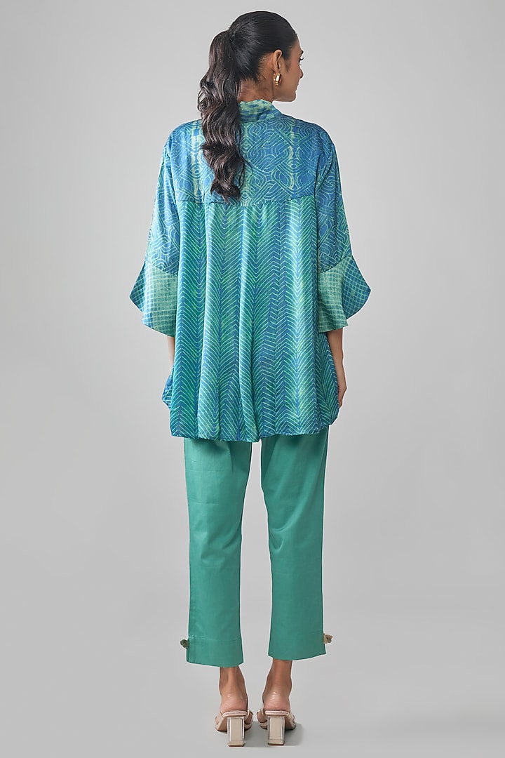 Blue Satin Raw Silk Geometric Printed Top by SHRADDHA RAMBHIA at Pernia's Pop Up Shop