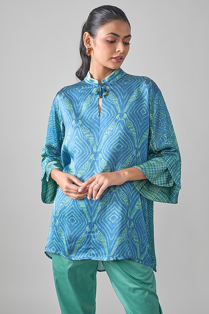 Blue Satin Raw Silk Geometric Printed Top by SHRADDHA RAMBHIA at Pernia's Pop Up Shop