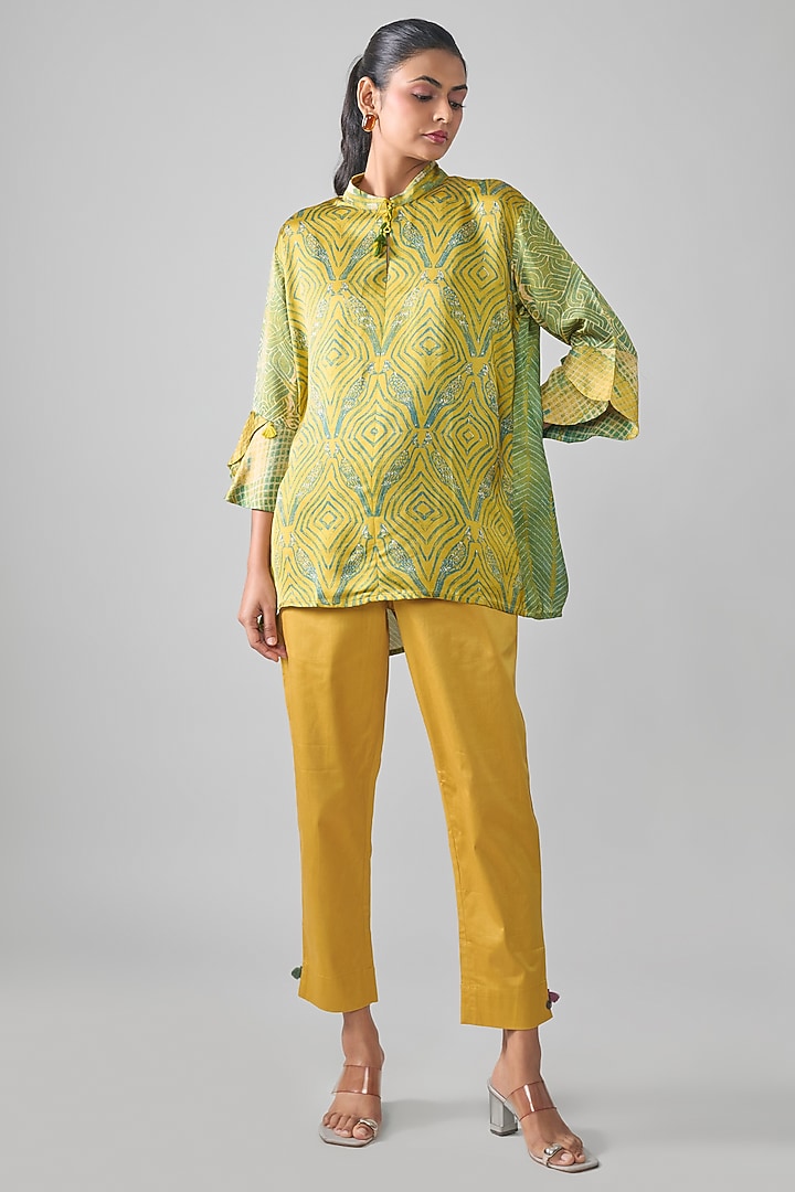 Mustard Satin Raw Silk Geometric Printed Top by SHRADDHA RAMBHIA at Pernia's Pop Up Shop