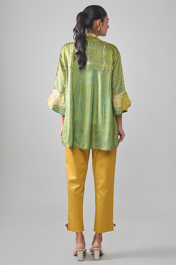 Mustard Satin Raw Silk Geometric Printed Top by SHRADDHA RAMBHIA at Pernia's Pop Up Shop