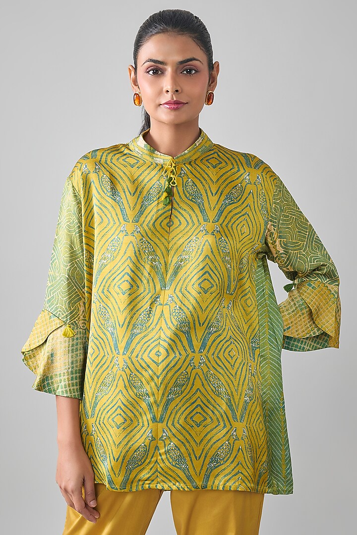 Mustard Satin Raw Silk Geometric Printed Top by SHRADDHA RAMBHIA at Pernia's Pop Up Shop