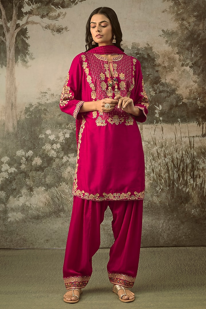 Rani Pink Vegan Slub Silk Resham Embroidered Kurta Set by SHRADDHA RAMBHIA at Pernia's Pop Up Shop