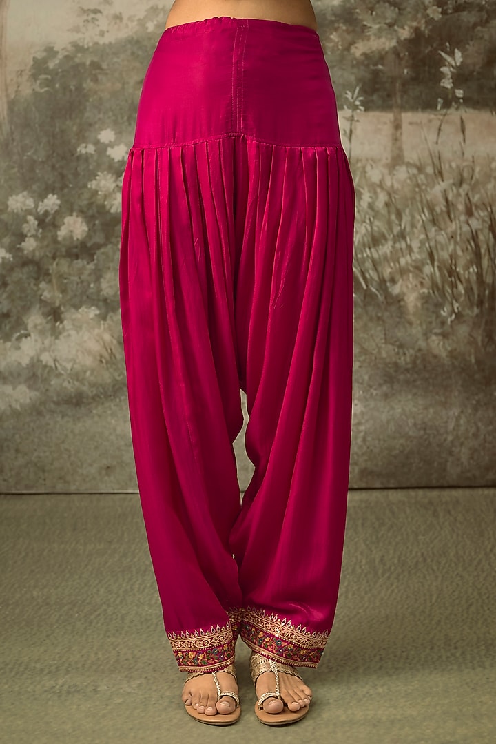 Rani Pink Vegan Slub Silk Resham Embroidered Kurta Set by SHRADDHA RAMBHIA at Pernia's Pop Up Shop