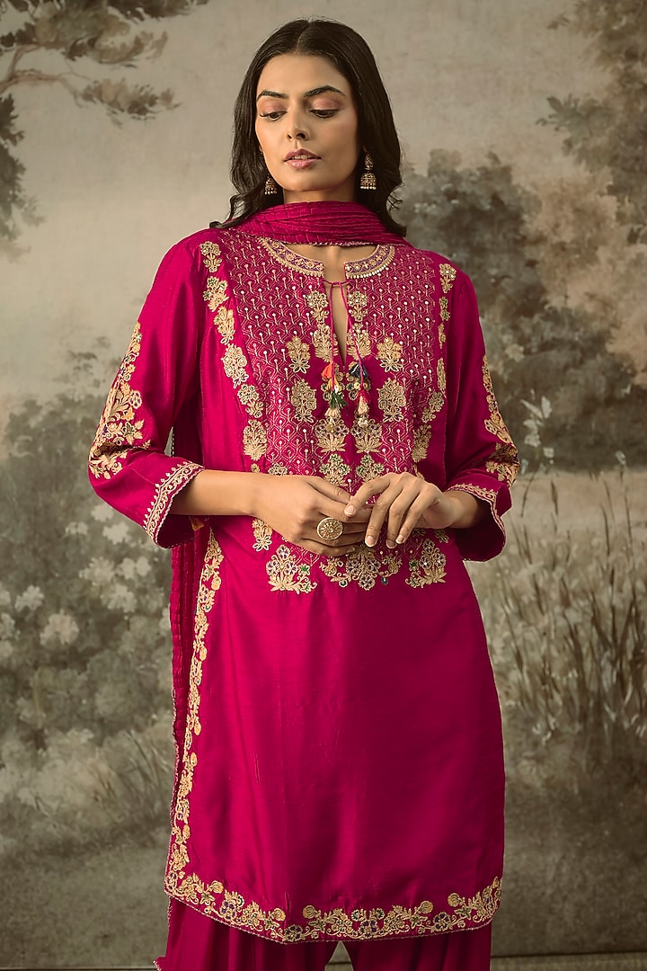 Rani Pink Vegan Slub Silk Resham Embroidered Kurta Set by SHRADDHA RAMBHIA at Pernia's Pop Up Shop