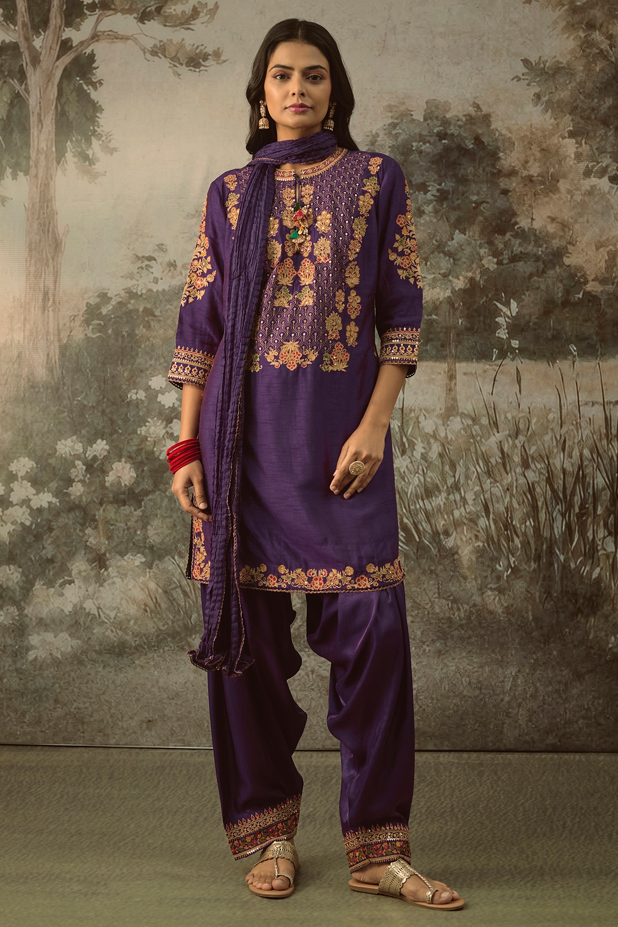 SHRADDHA RAMBHIA Purple Vegan Slub Silk Resham Embroidered Kurta Set