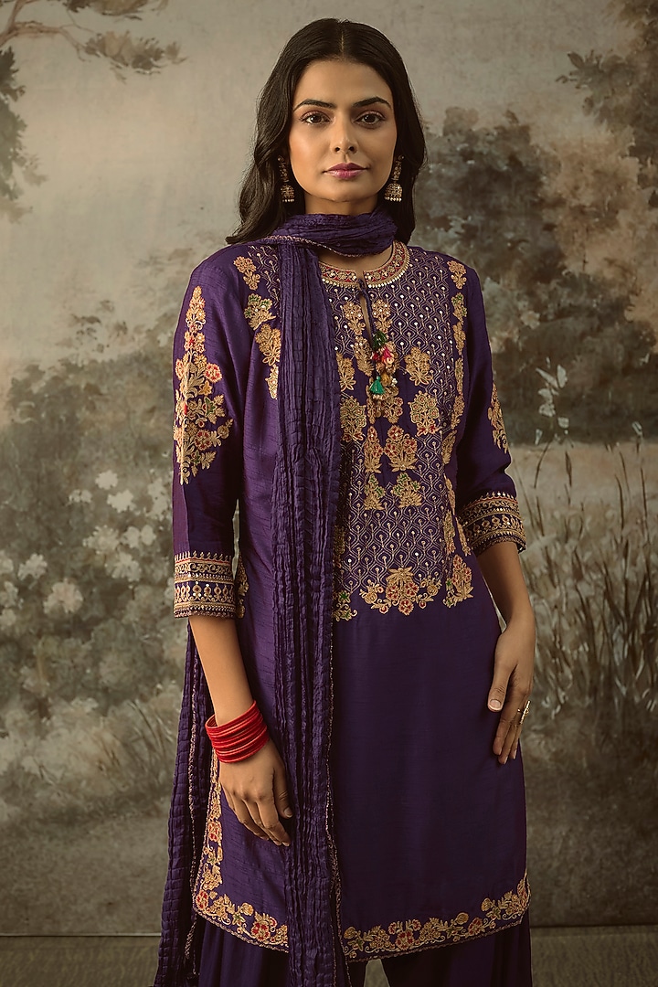 Purple Vegan Slub Silk Resham Embroidered Kurta Set by SHRADDHA RAMBHIA at Pernia's Pop Up Shop