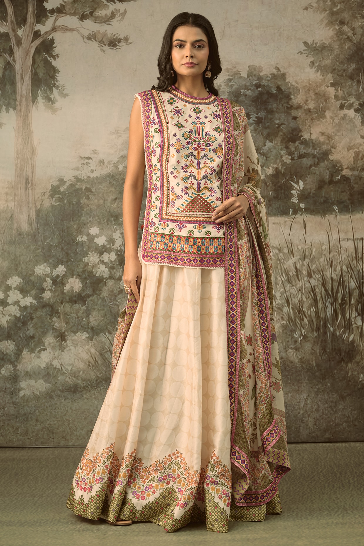 SHRADDHA RAMBHIA Ivory Vegan Slub Silk Embroidered Lehenga Set