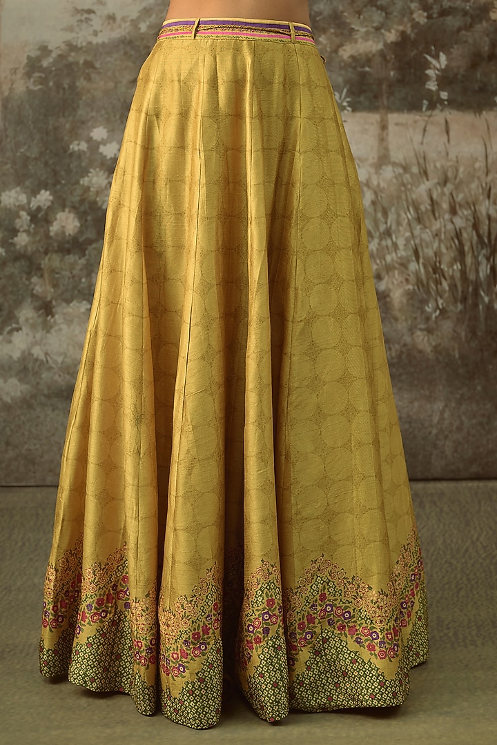 Mustard Vegan Slub Silk Embroidered Wedding Lehenga Set by SHRADDHA RAMBHIA at Pernia's Pop Up Shop