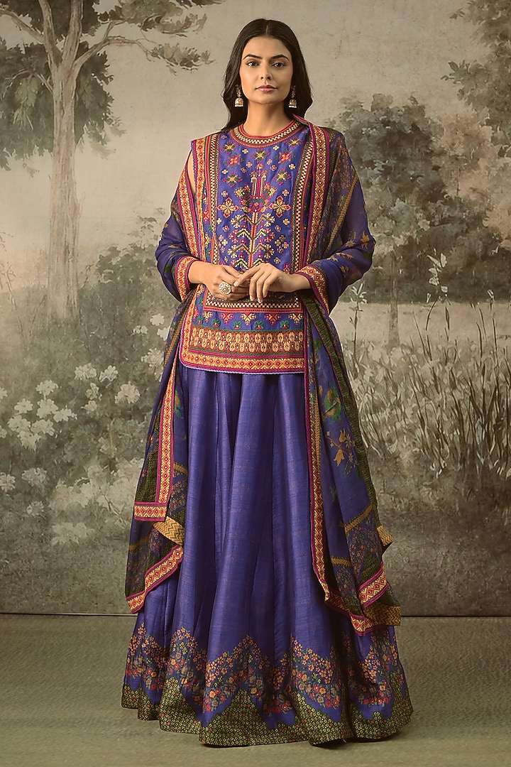 Purple Vegan Slub Silk Embroidered Wedding Lehenga Set by SHRADDHA RAMBHIA at Pernia's Pop Up Shop