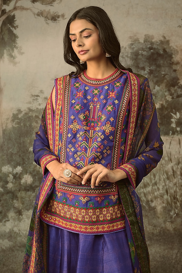 Purple Vegan Slub Silk Embroidered Wedding Lehenga Set by SHRADDHA RAMBHIA at Pernia's Pop Up Shop