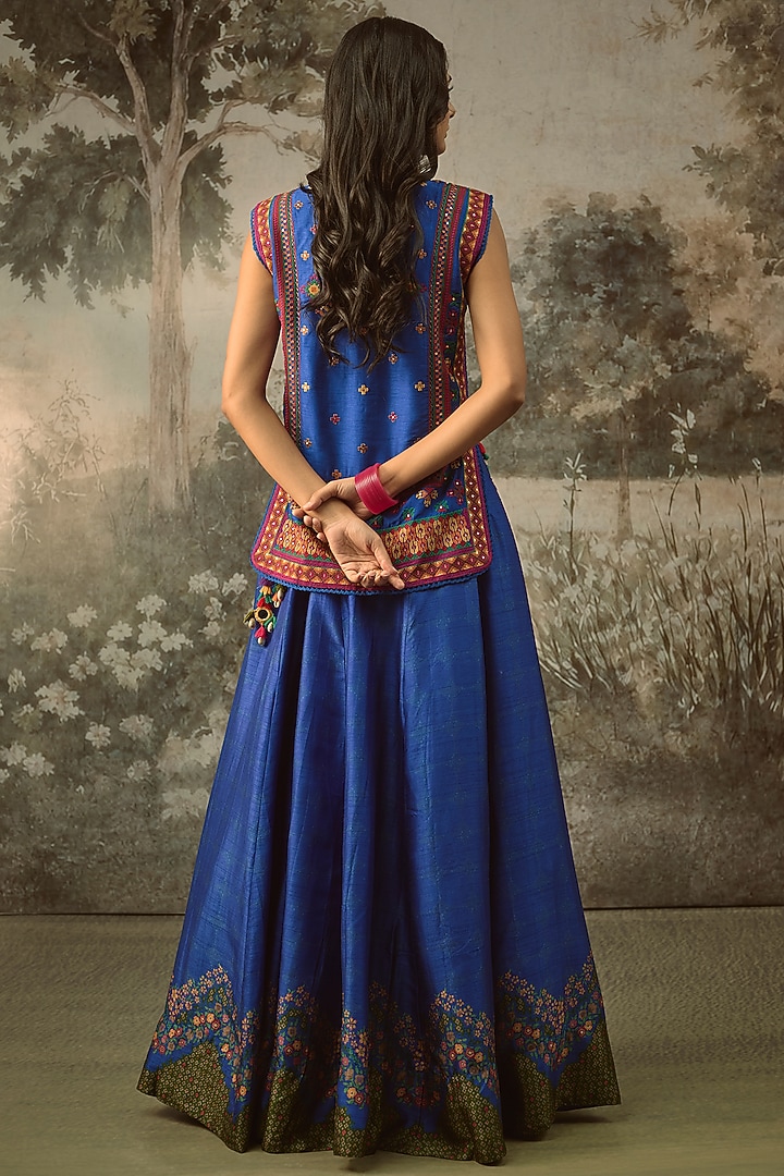 Vibrant Blue Vegan Slub Silk Embroidered Wedding Lehenga Set by SHRADDHA RAMBHIA at Pernia's Pop Up Shop