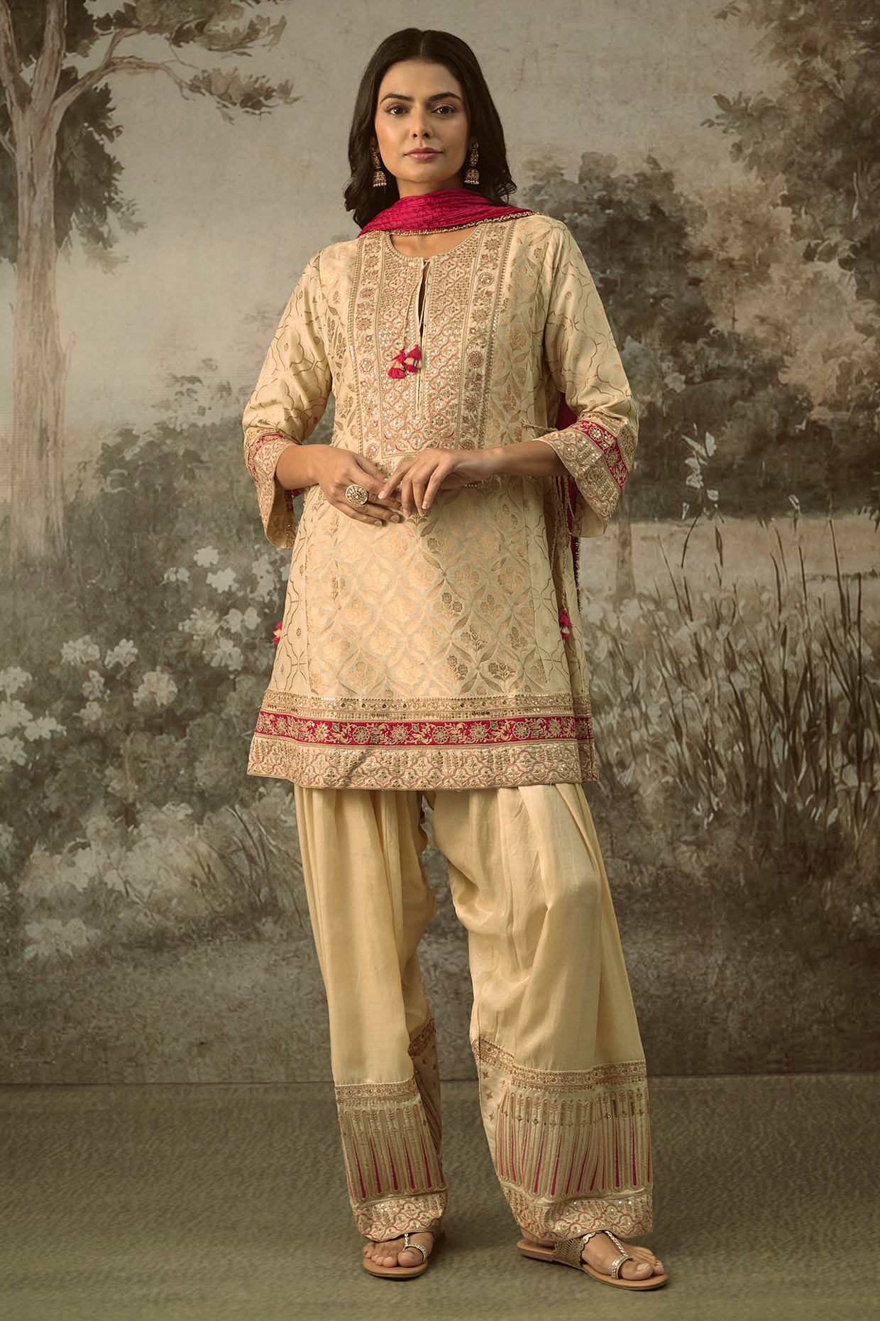 SHRADDHA RAMBHIA Ivory Fine Chanderi Banarasi Marodi Embroidered Kurta Set