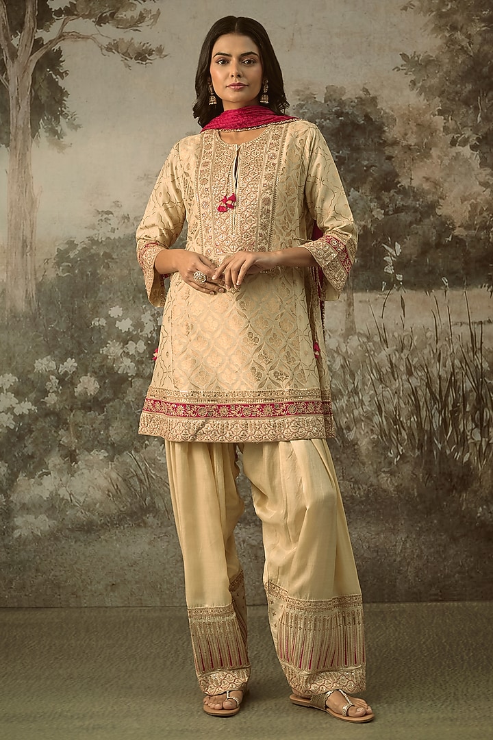 Ivory Fine Chanderi Banarasi Marodi Embroidered Kurta Set by SHRADDHA RAMBHIA at Pernia's Pop Up Shop