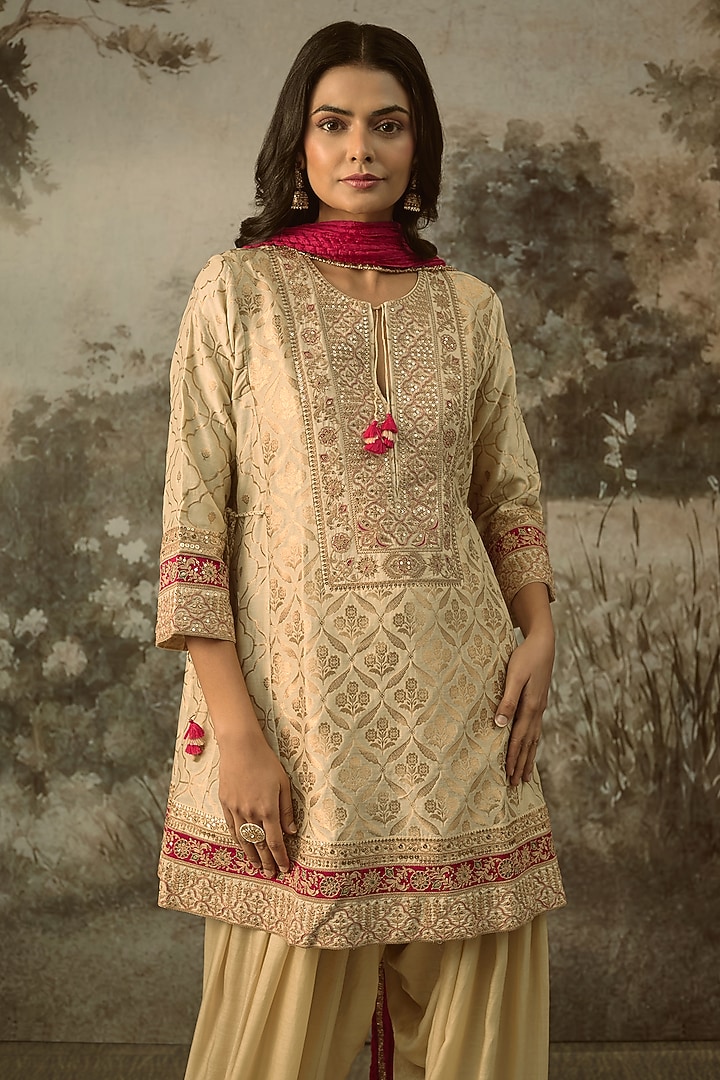 Ivory Fine Chanderi Banarasi Marodi Embroidered Kurta Set by SHRADDHA RAMBHIA at Pernia's Pop Up Shop