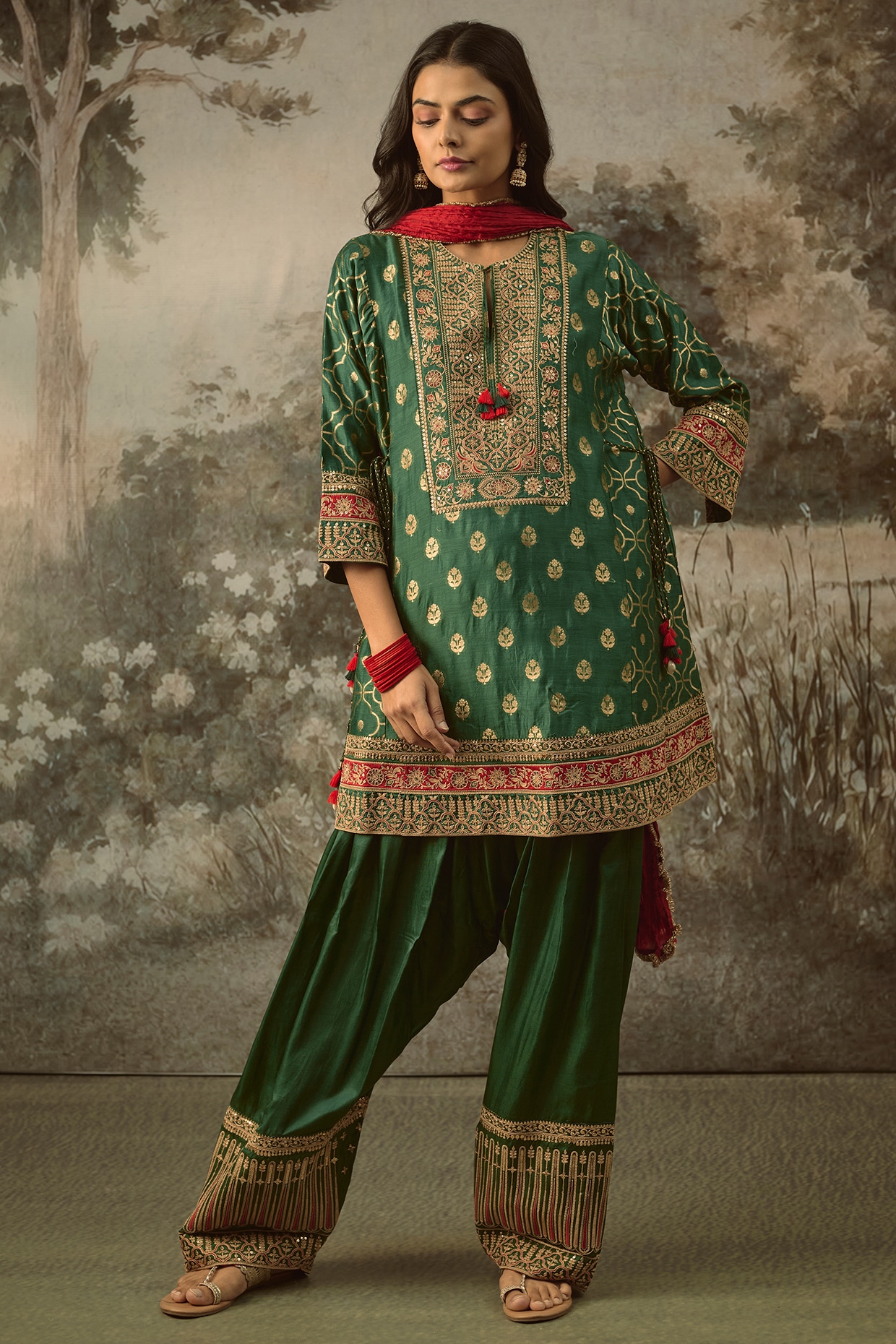 SHRADDHA RAMBHIA Bottle Green Fine Chanderi Banarasi Marodi Embroidered Kurta Set