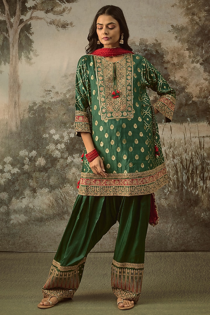 Bottle Green Fine Chanderi Banarasi Marodi Embroidered Kurta Set by SHRADDHA RAMBHIA at Pernia's Pop Up Shop