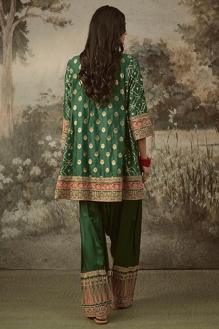 Bottle Green Fine Chanderi Banarasi Marodi Embroidered Kurta Set by SHRADDHA RAMBHIA at Pernia's Pop Up Shop