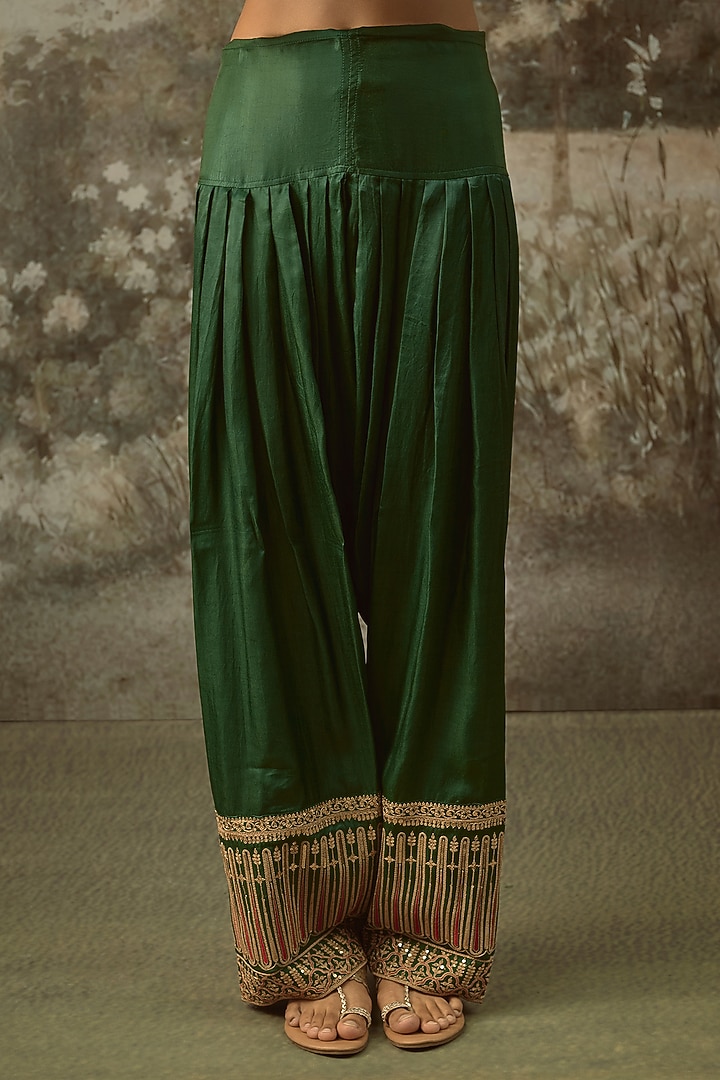 Bottle Green Fine Chanderi Banarasi Marodi Embroidered Kurta Set by SHRADDHA RAMBHIA at Pernia's Pop Up Shop