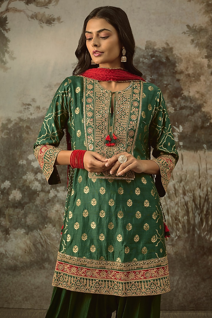 Bottle Green Fine Chanderi Banarasi Marodi Embroidered Kurta Set by SHRADDHA RAMBHIA at Pernia's Pop Up Shop