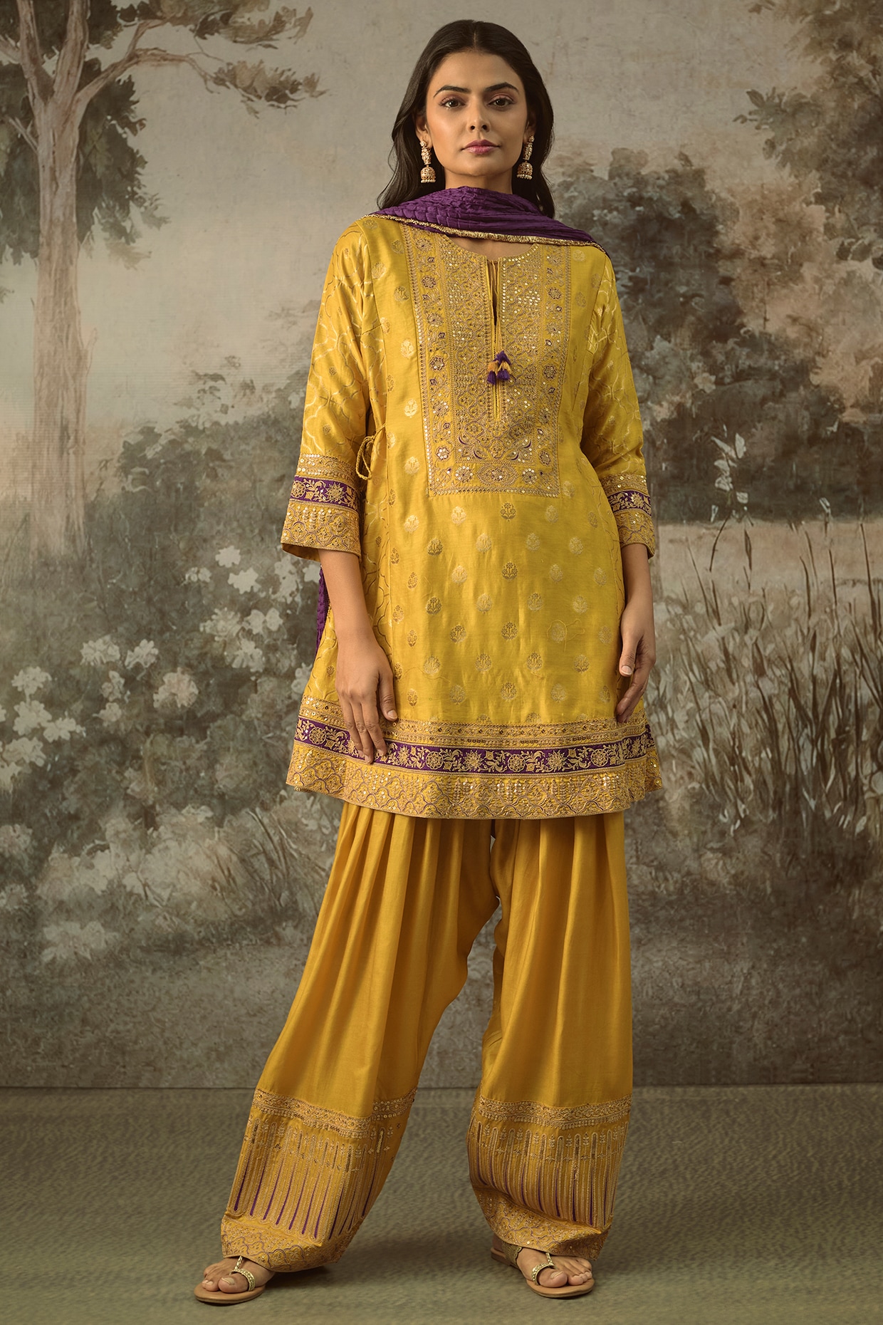 SHRADDHA RAMBHIA Mustard Fine Chanderi Banarasi Marodi Embroidered Kurta Set