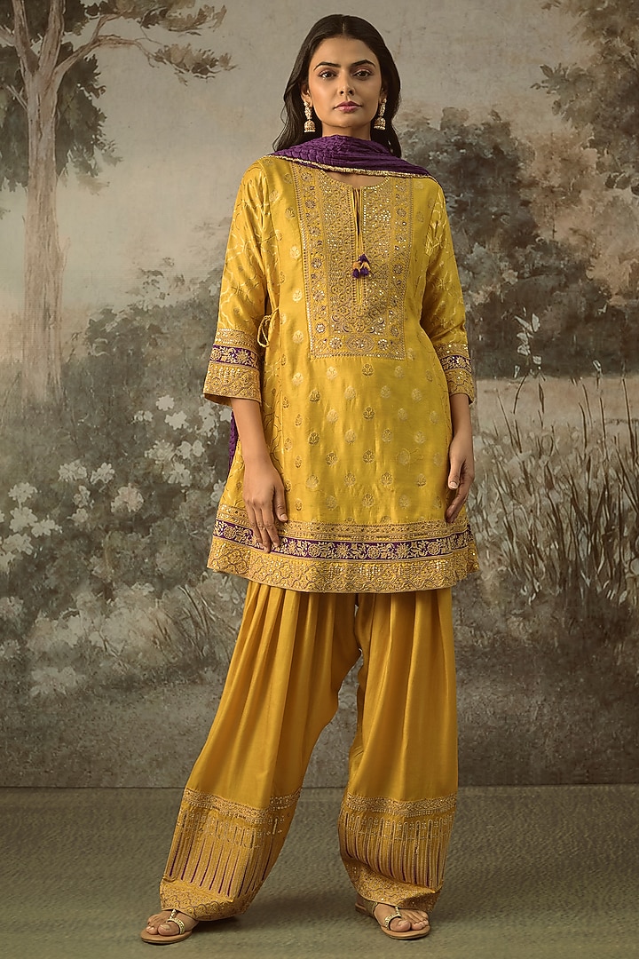 Mustard Fine Chanderi Banarasi Marodi Embroidered Kurta Set by SHRADDHA RAMBHIA at Pernia's Pop Up Shop